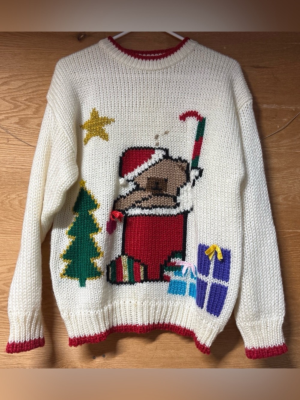 Evian II Vintage Hand-knitted Sweater with Red Trim and Holiday Motif